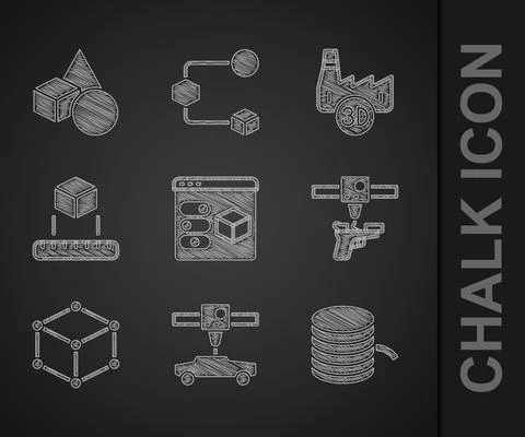 Set 3D printer, car, Filament for, gun, Isometric cube, Printing house industry Illustrazione stock