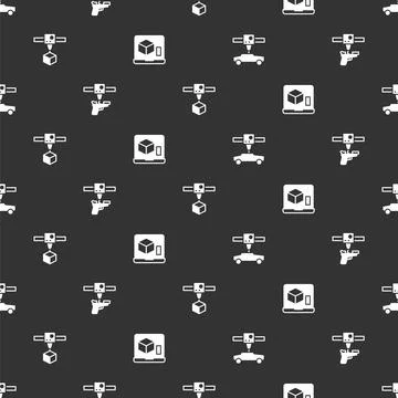 Set 3D printer car, gun, cube and on seamless pattern. Vector Stock Illustration