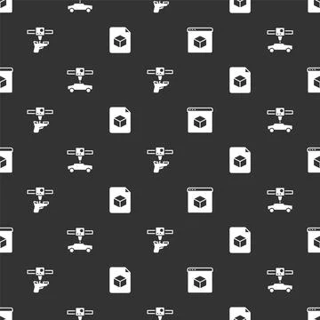 Set 3D printer, car, gun and Isometric cube file on seamless pattern. Vector Stock Illustration