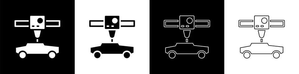 Set 3D printer car icon isolated on black and white background. 3d printing Stock Illustration