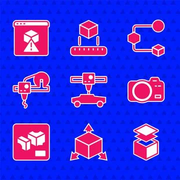 Set 3D printer car, Isometric cube, Layers, Photo camera,  and  icon. Vector 스톡 일러스트