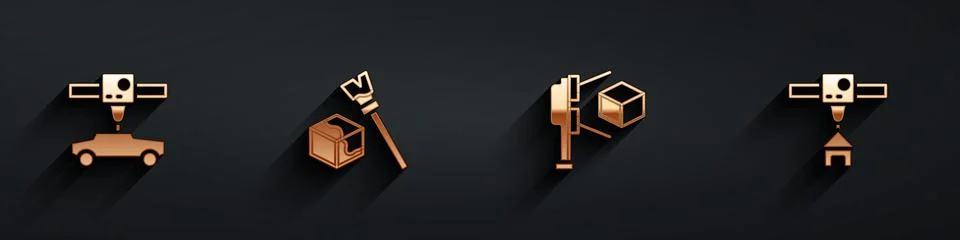 Set 3D printer car, Isometric cube, scanner with and house icon with long shadow Illustrazione stock