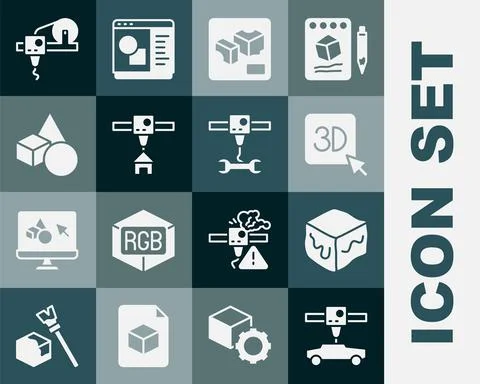 Set 3D printer car, Isometric cube, house, Basic geometric shapes, and wrench Illustrazione stock