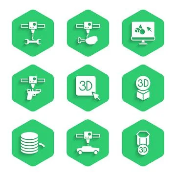 Set 3D printer, car, Isometric cube, Filament for, gun, software and wrench Ilustração Stock