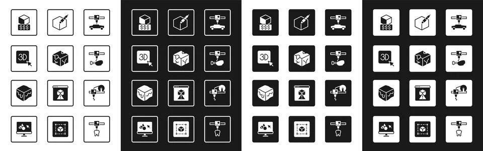Set 3D printer car, Isometric cube, services, chicken leg, 3d pen tool,  and  Illustrazione stock