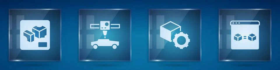 Set 3D printer, car, Isometric cube and perfect copy. Square glass panels. Ve Stock Illustration