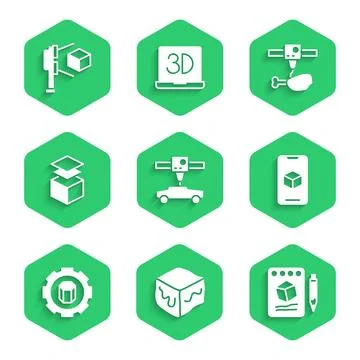 Set 3D printer car, Isometric cube, Sketch on paper, software, setting, Layers Ilustração Stock