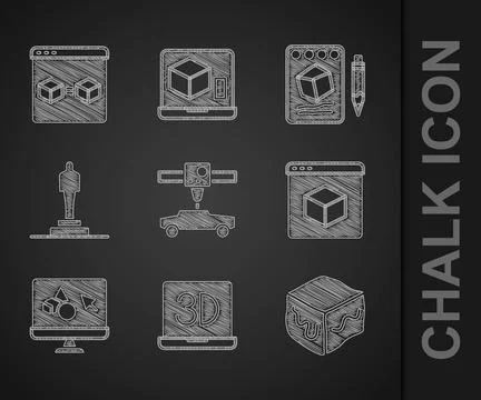 Set 3D printer car, Isometric cube, software, model, Sketch on paper and perfect Illustrazione stock