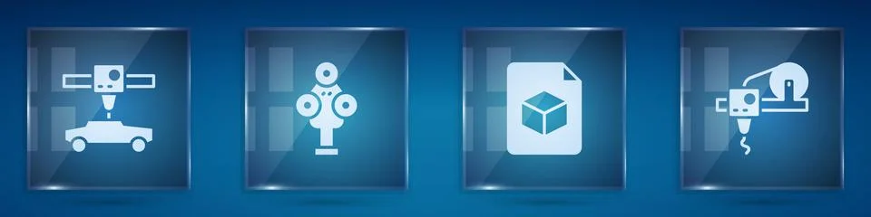 Set 3D printer car, scanner, Isometric cube file and . Square glass panels. V Stock Illustration