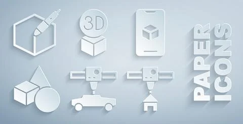 Set 3D printer car, software, Basic geometric shapes, house, Isometric cube and Illustrazione stock