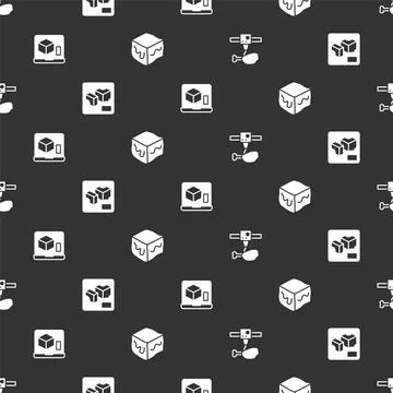 Set 3D printer chicken leg, ,  and Isometric cube on seamless pattern. Vector Stock Illustration