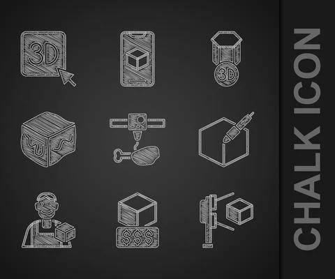 Set 3D printer chicken leg, services, scanner with cube, 3d pen tool, Graphic Illustrazione stock