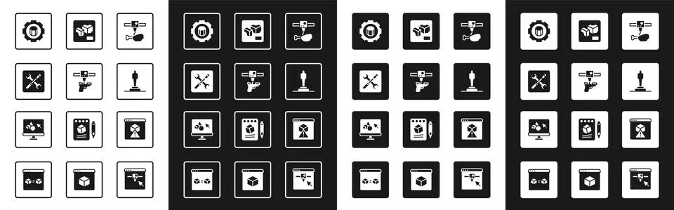 Set 3D printer chicken leg, gun, setting, model, and software icon. Vector Ilustração Stock