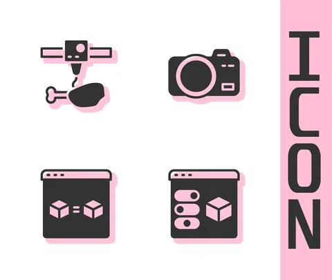 Set 3D printer, chicken leg, perfect copy and Photo camera icon. Vector Illustrazione stock