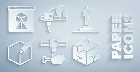 Set 3D printer chicken leg, model, 3d pen tool, Isometric cube, and icon. Vector Stock Illustration