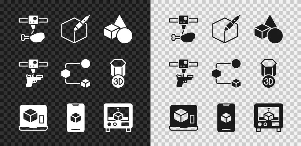 Set 3D printer chicken leg, 3d pen tool, Basic geometric shapes, software, gun Ilustração Stock