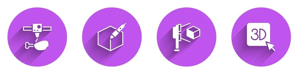Set 3D printer chicken leg, 3d pen tool, scanner with cube and  icon with lon Illustrazione stock