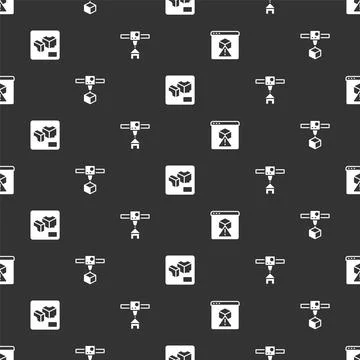 Set 3D printer, cube, and house on seamless pattern. Vector Stock Illustration