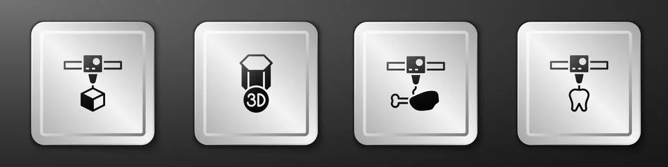 Set 3D printer cube, , chicken leg and tooth icon. Silver square button. Vector 스톡 일러스트