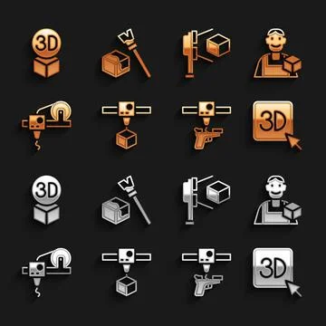 Set 3D printer cube, Graphic designer, gun, scanner with, Isometric and icon Stock Illustration