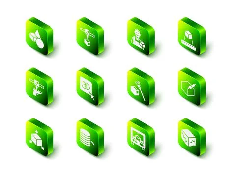 Set 3D printer cube, Graphic designer, Isometric, 3d pen tool, and Filament for Ilustração Stock