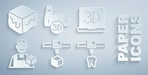 Set 3D printer cube, Graphic designer, tooth, Printing house industry and I.. Stock Illustration