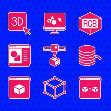 Set 3D printer cube, Isometric, perfect copy, Filament for, software, RGB and Ilustração Stock