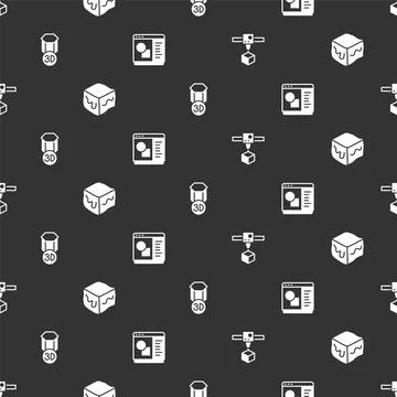 Set 3D printer cube, Isometric, and software on seamless pattern. Vector Illustrazione stock
