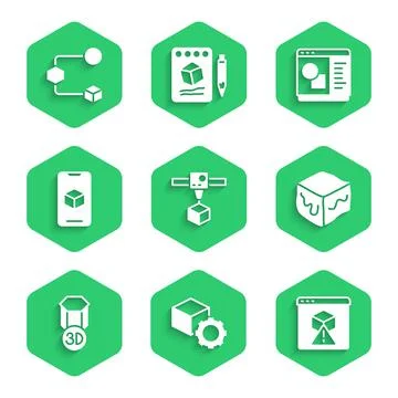 Set 3D printer cube, Isometric, software, and icon. Vector Stock Illustration