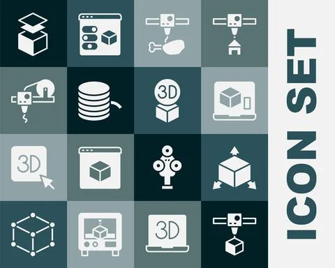 Set 3D printer cube, Isometric, chicken leg, Filament for, Layers and icon Stock Illustration