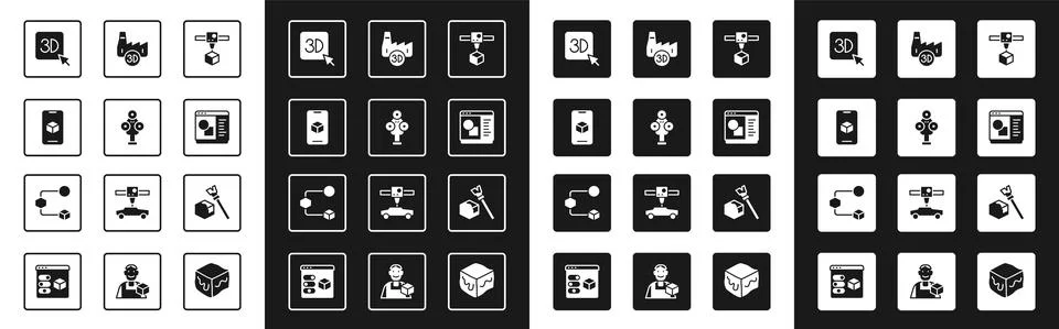Set 3D printer cube, scanner, software, Printing house industry, Isometric and Ilustração Stock