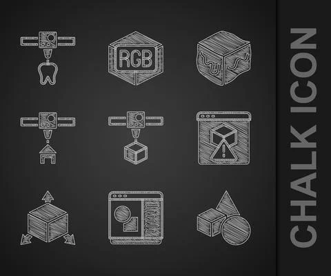 Set 3D printer cube, software, Basic geometric shapes, Isometric, house, and Illustrazione stock