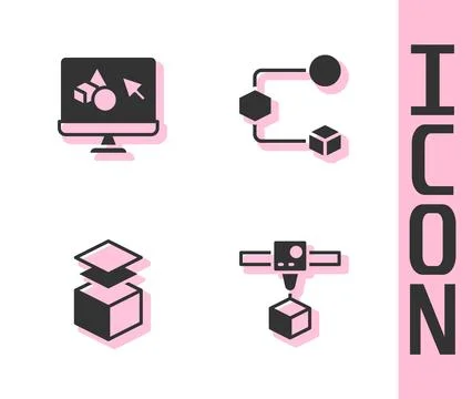 Set 3D printer cube, software, Layers and Isometric icon. Vector Stock Illustration