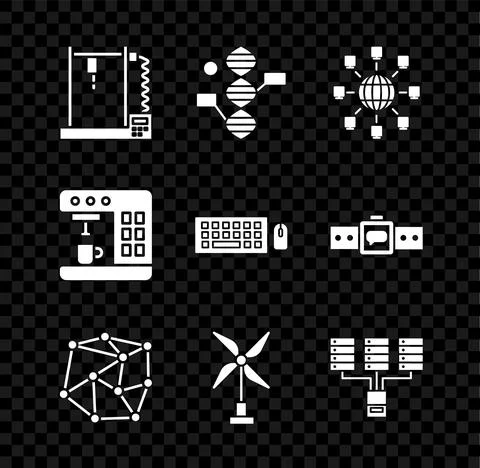 Set 3D printer, DNA symbol, Social network, Neural, Wind turbine, Server, Data イラスト素材