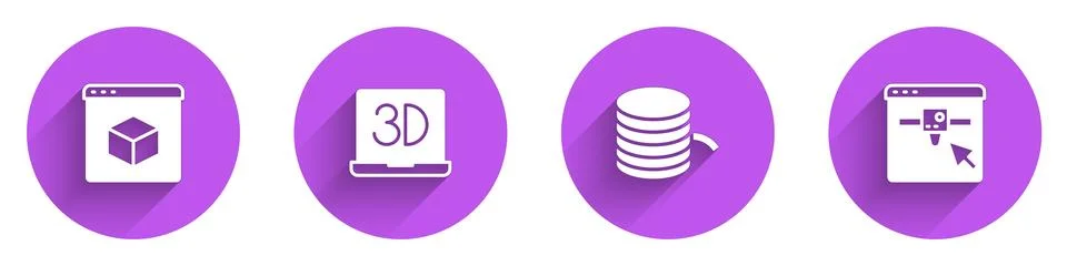Set 3D printer, , Filament for and setting icon with long shadow. Vector Stock Illustration