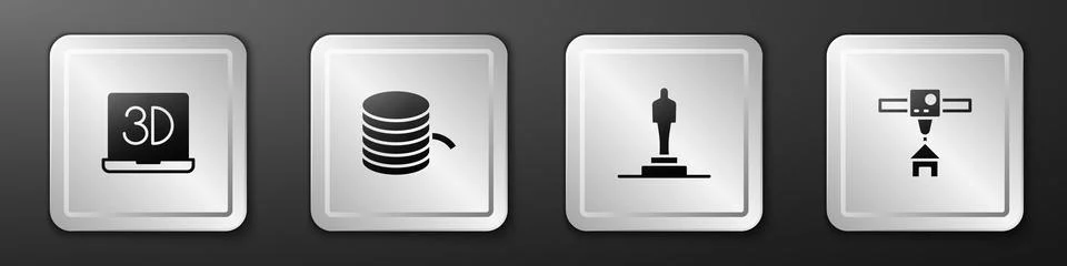 Set 3D printer, Filament for, model and house icon. Silver square button. Vector Stock Illustration