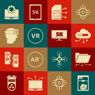 Set 3D printer, Folder and lock, Internet of things, Sim card, Virtual realit Stock Illustration