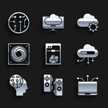 Set 3D printer, Gamepad, Laptop, Internet of things, Human brain as digital.. Illustrazione stock