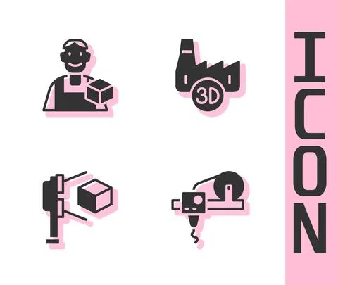 Set 3D printer, Graphic designer, scanner with cube and Printing house industry Stock Illustration