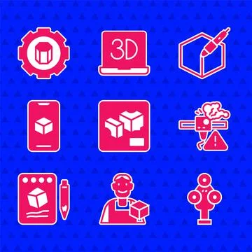 Set 3D printer, Graphic designer, scanner, warning, Sketch on paper, software Ilustração Stock