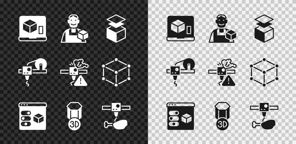 Set 3D printer, Graphic designer, Layers, chicken leg, and warning icon. Vector Stock Illustration