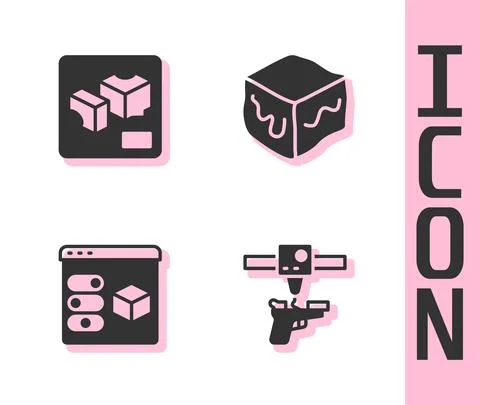 Set 3D printer gun, , and Isometric cube icon. Vector 스톡 일러스트