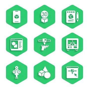 Set 3D printer gun, Basic geometric shapes, setting, scanner, software, Sketch Illustrazione stock