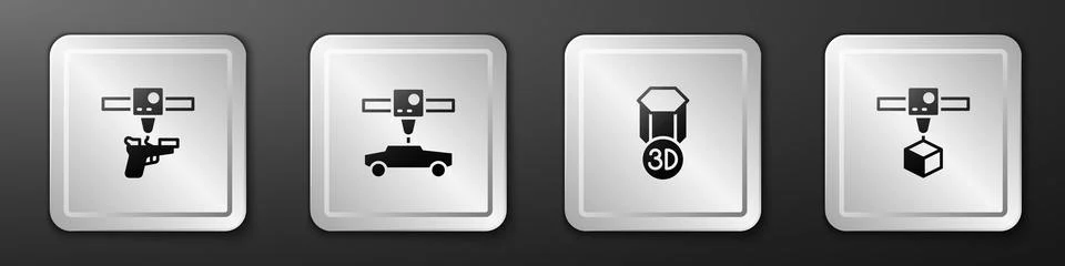 Set 3D printer gun, car, and cube icon. Silver square button. Vector Illustrazione stock