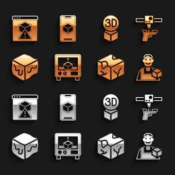 Set 3D printer, gun, Graphic designer, Isometric cube, and software icon. Vector Ilustração Stock