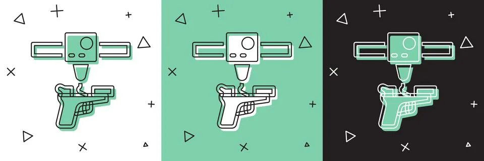 Set 3D printer gun icon isolated on white and green, black background. 3d Illustrazione stock