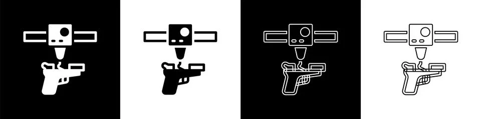 Set 3D printer gun icon isolated on black and white background. 3d printing Stockillustratie