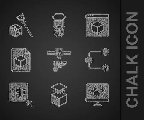 Set 3D printer gun, Layers, software, Isometric cube, file, and icon. Vector Stock Illustration