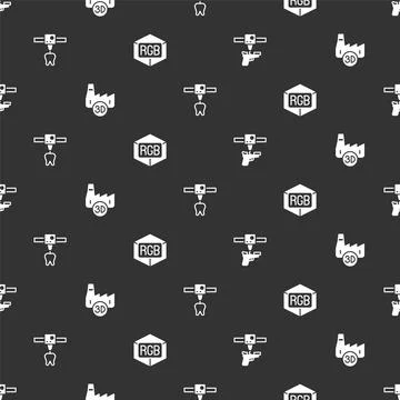 Set 3D printer gun, Printing house industry, tooth and RGB and CMYK color mixing Illustrazione stock