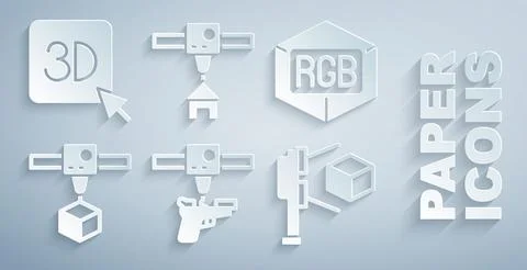 Set 3D printer gun, RGB and CMYK color mixing, cube, scanner with, house an.. Stock Illustration